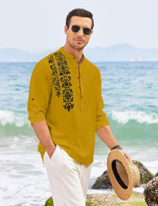 Royalscout Men'S Regular Fit Stylish Embroidered Design Cotton Blend Full Sleeve Short Straight Kurta Shirt Gold