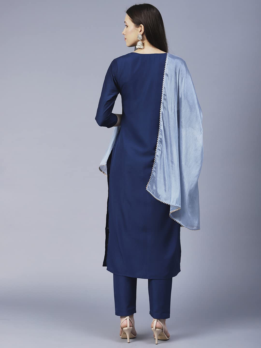 Anni Designer Women'S Cotton Blend Straight Embroidered Kurta With Pant & Dupatta (Yesta Kerocine_Xl_Dark Blue_X-Large),Dark Blue,XL,Cotton Blend,Regular,Dupatta