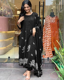 Anni Designer Women'S Rayon Viscose Anarkali Printed Kurta With Pant & Dupatta (Gangori Black-Vks01_S_Black_Small),Black,S,Rayon,Anarkali,