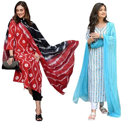 Anni Designer Women'S Cotton Blend Printed Straight Kurta With Pant & Dupatta Pack Of 2 (Combo-Mayavi Red-April-Sky Blue_M_Multi_Medium),Multicolour,M