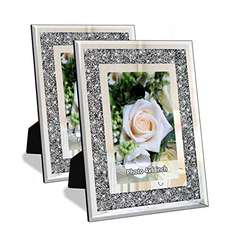 Allartonly Crush Diamond Mirror Photo Frame In Bling Sparkle Crystal Silver Glass Finish, For Picture Size 4X6 Inch, Pack Of 2 P