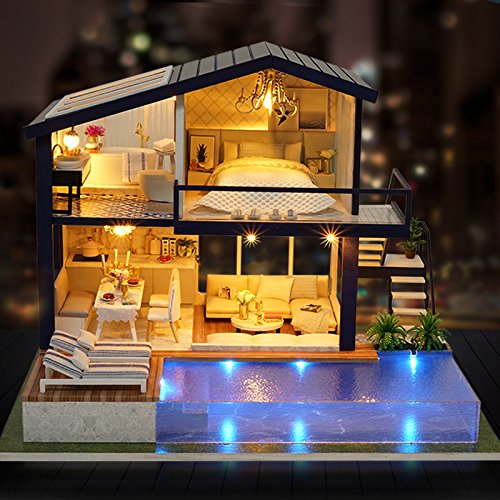 CUTEROOM Dollhouse Miniature with Furniture, 3D Wooden Miniature Doll House with Music Box & LED Lights,1:24 Scale DIY House Kit