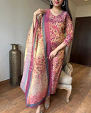 Anni Designer Women'S Rayon Blend Straight Printed Kurta With Pant & Dupatta (Omsing Pink_M_Pink_Medium),Pink,M,Rayon Blend,Regular,