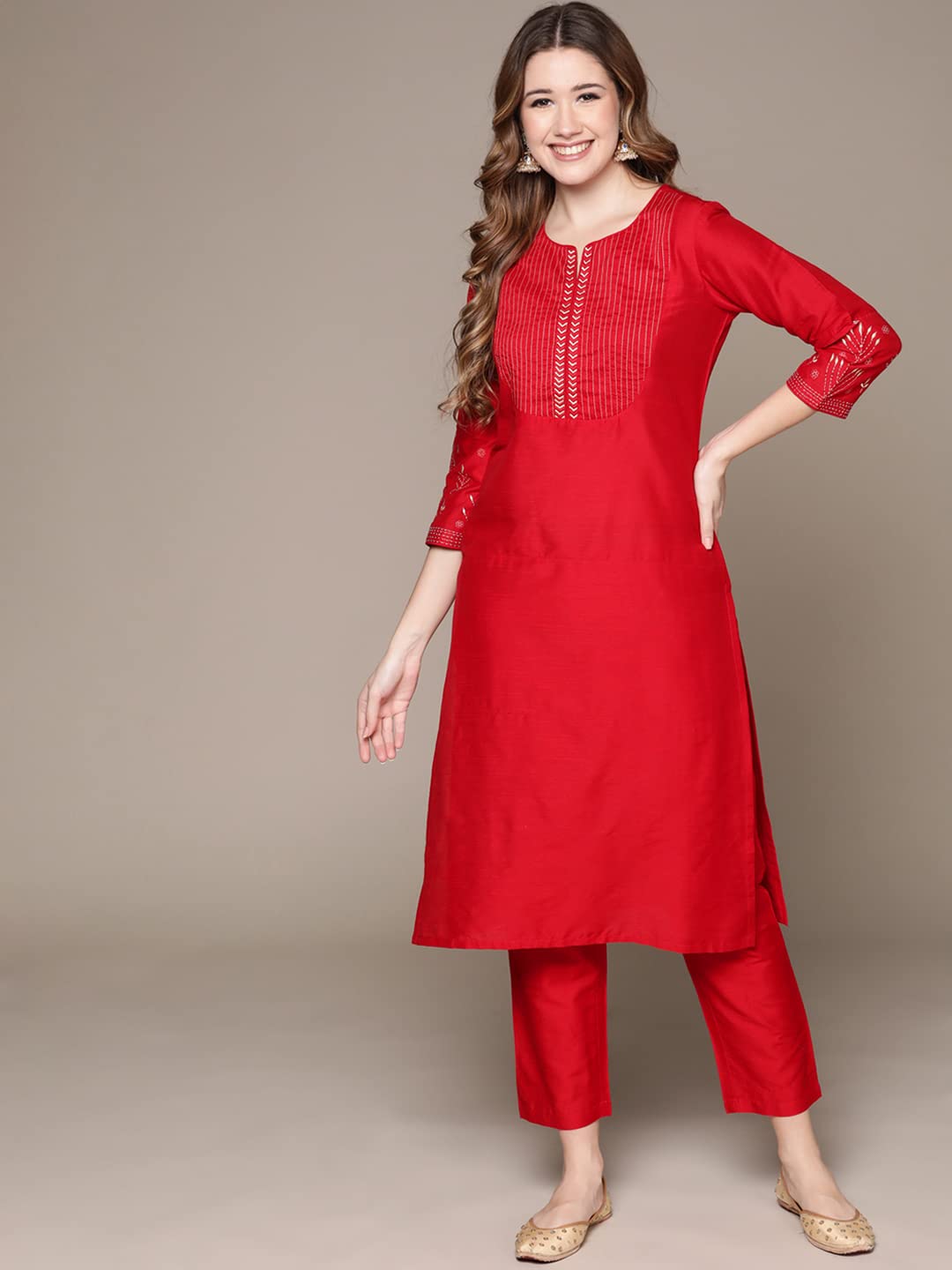 Anubhutee Women'S Cotton Red Woven Design Thread Work Straight Kurta Suit Set With Pants Red Xl