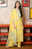 Anni Designer Women'S Cotton Blend Straight Hand Block Printed Kurta With Pant & Dupatta (Belagavi Mustard_S_Mustard_Small),Mustard,S,Cotton Blend,Regular,