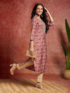 Anni Deisgner Women'S Cotton Blend Straight Printed Kurta (Orry Red_L_Red_Large),Red,L,Cotton Blend,ANNI DESIGNER Women's Cotton Blend Straight Printed Kurta (Orry Red),