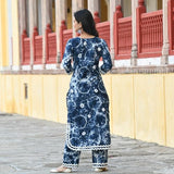 Anni Designer Women'S Cotton Blend Printed Straight Kurta With Palazzo Set (Hand Block Blue_S_Blue_Small),Blue,S,Cotton Blend,Regular,