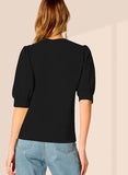 Wedani Women'S Casual Puff Sleeves Round Collor Solid Top (X-Large Black),Black,XL,Polyester,Regular,