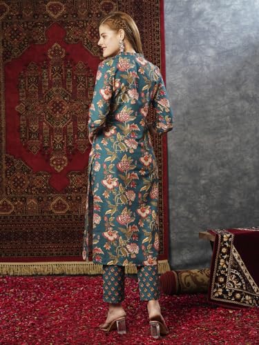 Anni Designer Women'S Cotton Blend Straight Printed Kurta With Pant (Paresh Rama_S_Green_Small),Rama Green,S,Cotton Blend,Regular,