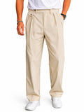 CbColebrook MenS Korean Style Double Pleated Relaxed Fit Trousers | Cotton Linen Blend Formal Casual Pants | Mid Rise, Belt Loo