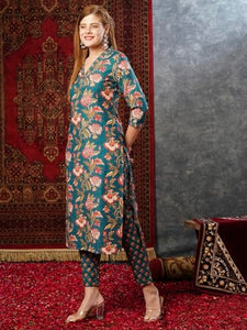 Gosriki Women'S Cotton Blend Straight Printed Kurta With Pant (Paresh Rama-Gs_M_Green_Medium),Rama Green,,B0D73XTHSF