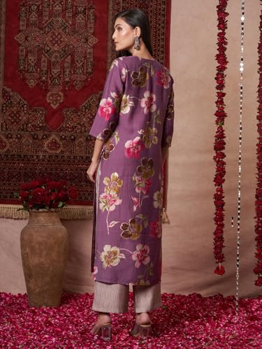 Anni Designer Women'S Rayon Blend Straight Printed Kurta With Pant (Kejri Purple_Xl_Purple_X-Large),Purple,XL,Rayon Blend,Classic,