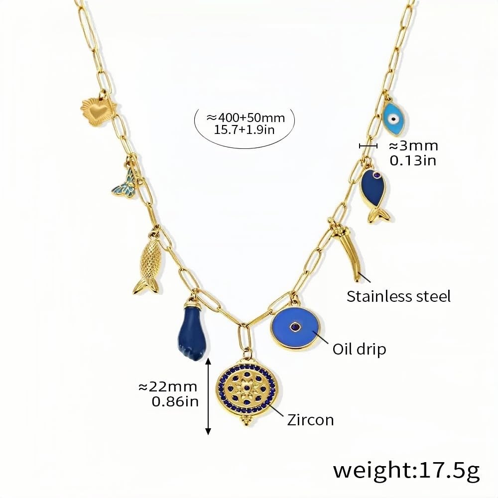 Blue Charm Necklace Gold Stainless Steel Chain with Enamel & Zircon Accents Evil Eye & Boho Pendants Adjustable 15.7 + 1.9 Le