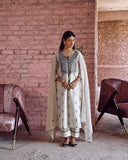 Anni Designer Women'S Rayon Blend Straight Embroidered Kurta With Pant & Dupatta (Thread White_Xl_White_X-Large),White,XL,Rayon Blend,Regular,