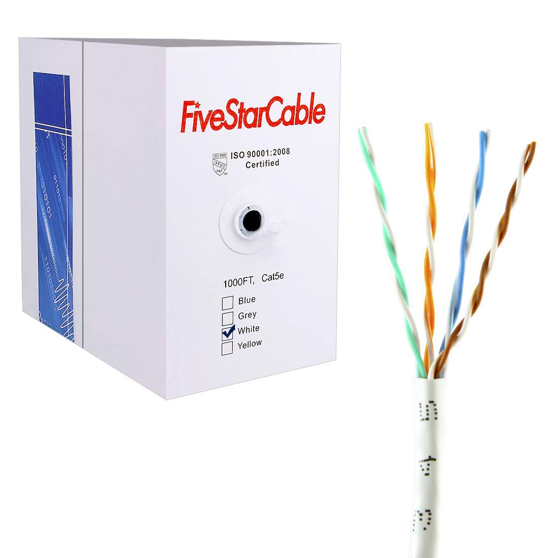 FiveStarCable Cat5e 1000 Ft 24AWG UTP 4 Twisted Pair Ethernet Router LAN Cable Wire Pull Box - White Color