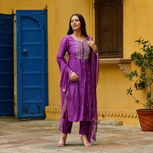 Anni Designer Women'S Cotton Blend Embroidered Straight Kurta With Pant & Dupatta (Kasturi Magenta_S_Magenta_Small),Magenta,S,Cotton Blend,Regular,