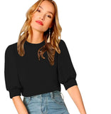 Wedani Women'S Casual Puff Sleeves Round Collor Solid Top (Medium Black),Black,M