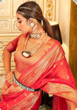 Greciilooks Women Jacquard Cotton Silk Casual Regular Fit Saree (Orange)