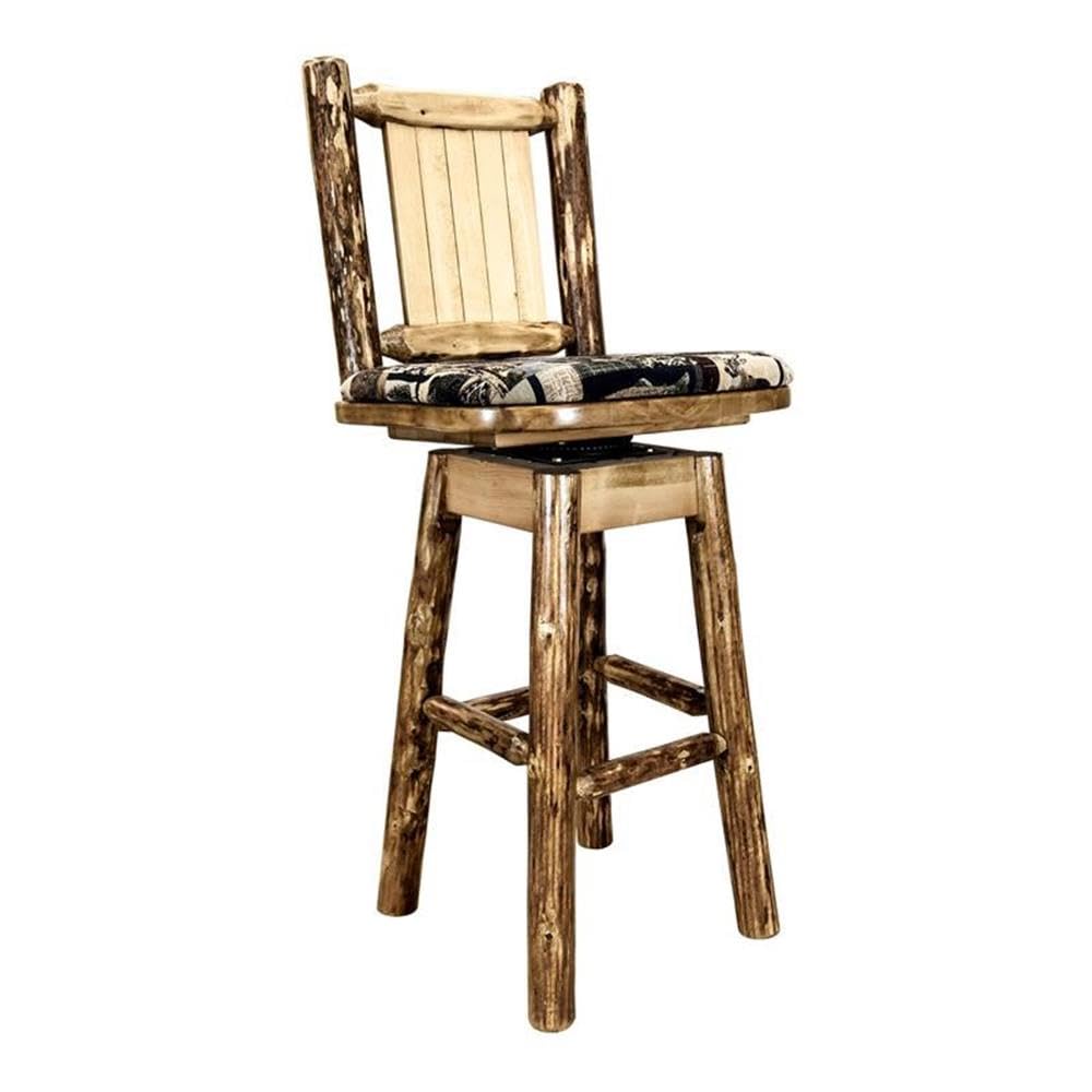 Montana Woodworks Glacier Country Collection Barstool With Back & Swivel, Upholstered Seat, Woodland Pattern With Laser Engraved