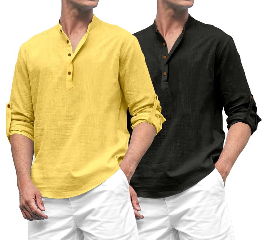 Royalscout Combo Of Men'S Solid Cotton Blend Full Sleeve Straight Kurta Shirt (Pack Of 2) Yellow-Black