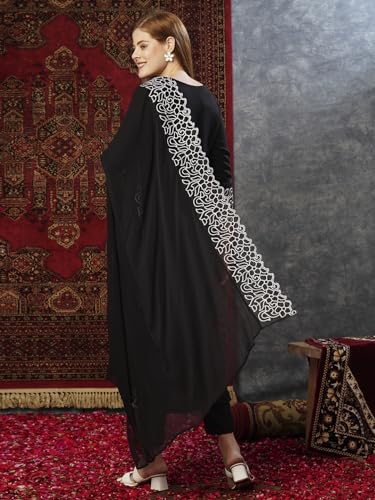 Anni Designer Women'S Rayon Blend Straight Embroidered Kurta With Pant & Dupatta (Trp Black-Jl_Xxl_Black_Xx-Large),Black,2XL,Cotton Blend,Regular,
