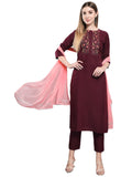 Gosriki Women'S Cotton Blend Solid Straight Kurta With Pants & Dupatta (Kosha-Wine_M-Gs_Wine_Medium),Wine,,B0BPT7ZNQK