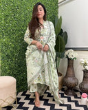 Anni Designer Women'S Rayon Blend Straight Printed Kurta With Pant & Dupatta (Fuldani Green_M_Green_Medium),Green,M,Rayon Blend,Regular,