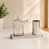 HindCraft India Map Metal Pen Stand for Office Desk, Silver Desktop Organizer, Executive Table Decor, Stationery Holder for Home