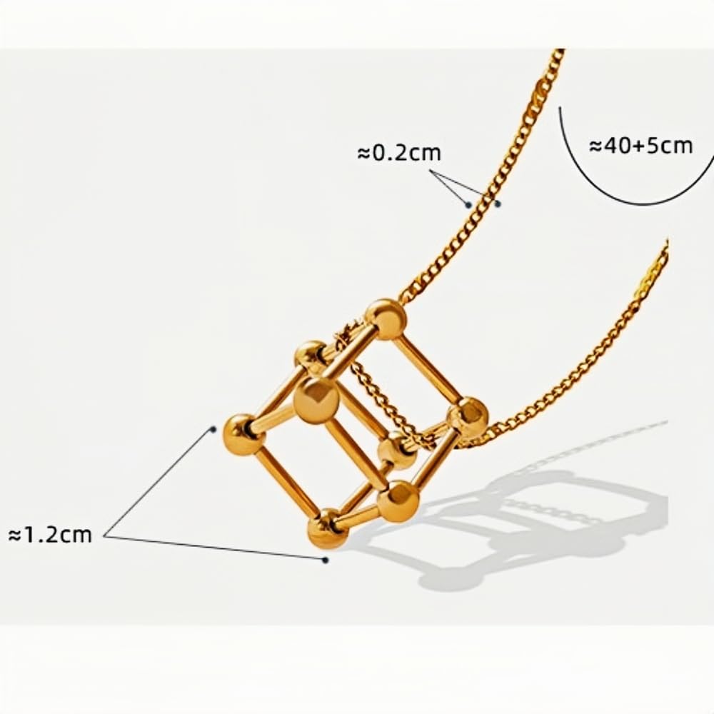 Gold Geometric Cube Necklace 3D Stainless Steel Structure Pendant on 40+5cm Chain Minimalist Modern Jewelry