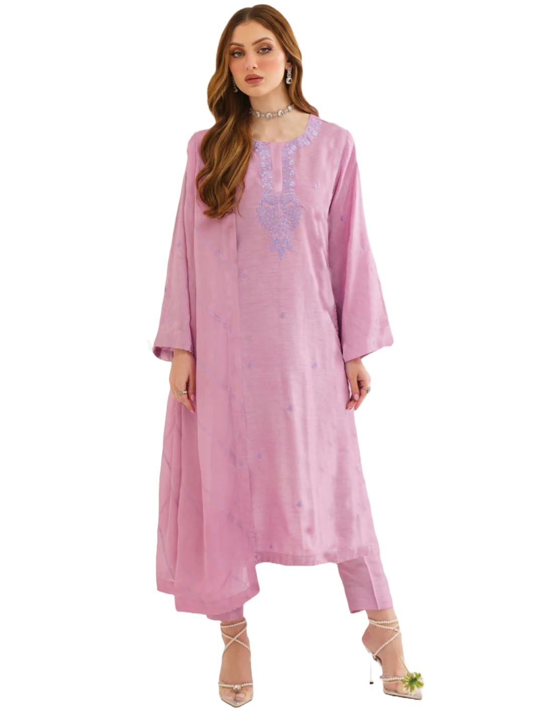 Anni Designer Women Rayon Blend Floral Embroidered Straight Pakistani Suits Kurta Set (Rupati Pink_L_Pink_Large),Pink,L