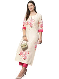 Anni Designer Women'S Cotton Blend Printed Straight Kurta With Pant (Tissa Cream-Stn_L_Cream_Large),Cream,L
