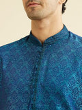 Manyavar Elegant Embroidered Knee Long Full Sleeves Kurta Pyjama Set For Men - (Blue, Large)