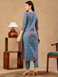 Gosriki Women'S Cotton Blend Straight Printed Kurta With Pant (Aagmi Blue-Gs_M_Blue_Medium),Blue,,B0CTCK4KWG