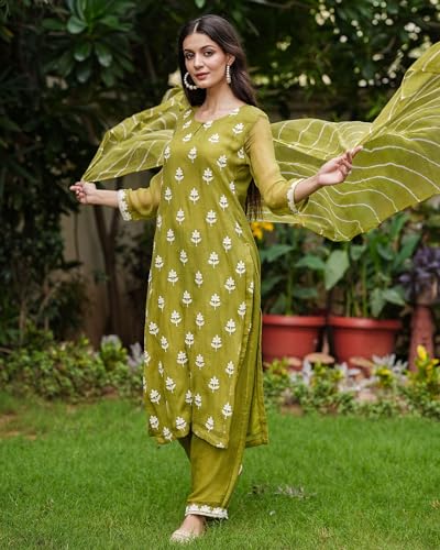 Anni Designer Women'S Cotton Blend Embroidered Straight Kurta With Pant & Dupatta (Chakdol-Mahendi_M_Green_Medium),Green,M,Cotton Blend,Regular,