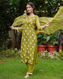 Anni Designer Women'S Cotton Blend Embroidered Straight Kurta With Pant & Dupatta (Chakdol-Mahendi_M_Green_Medium),Green,M,Cotton Blend,Regular,