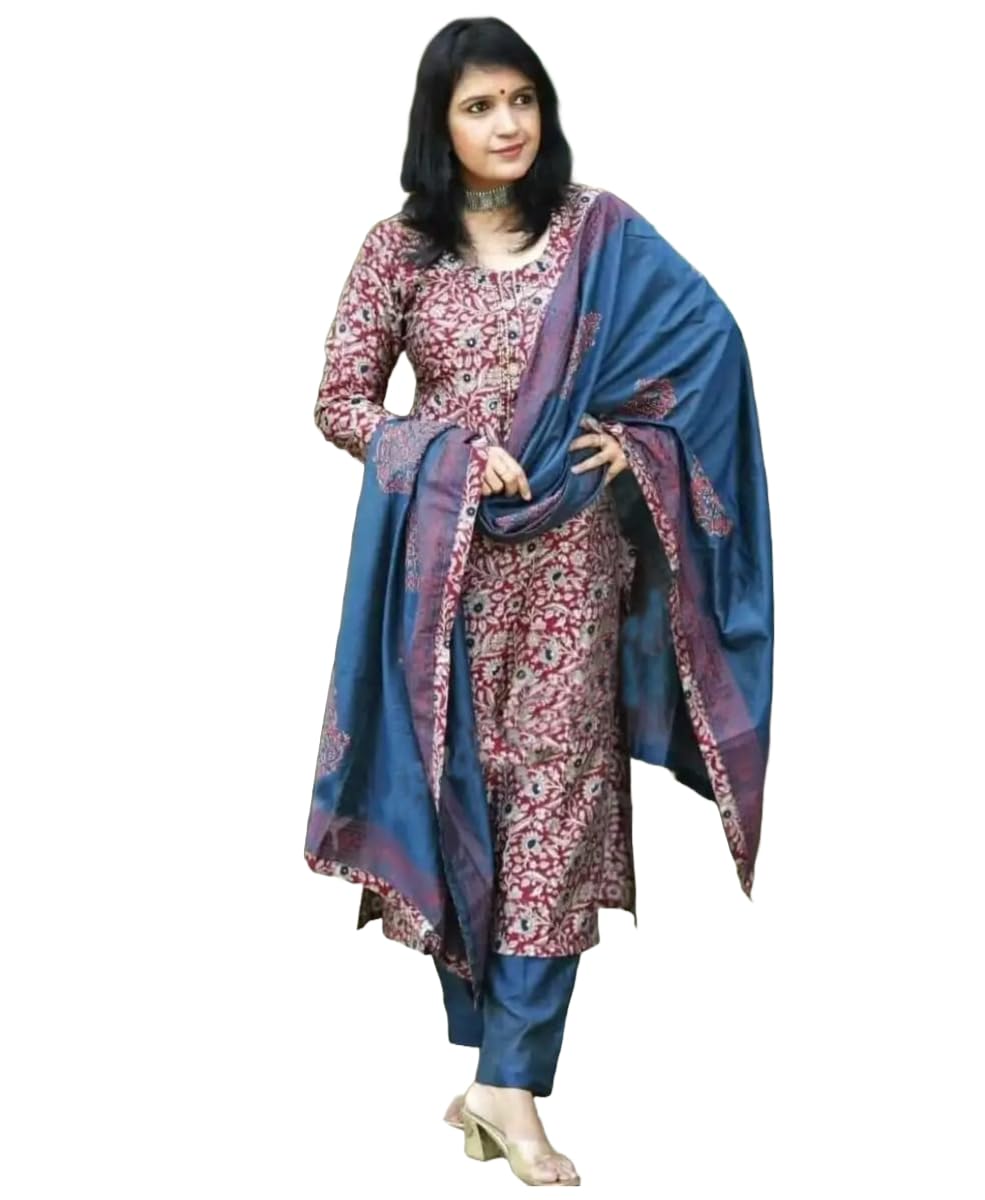 Anni Designer Women'S Rayon Blend Straight Printed Kurta With Pant & Dupatta (Parimat Red_Xl_Red_X-Large),Red,XL,,,