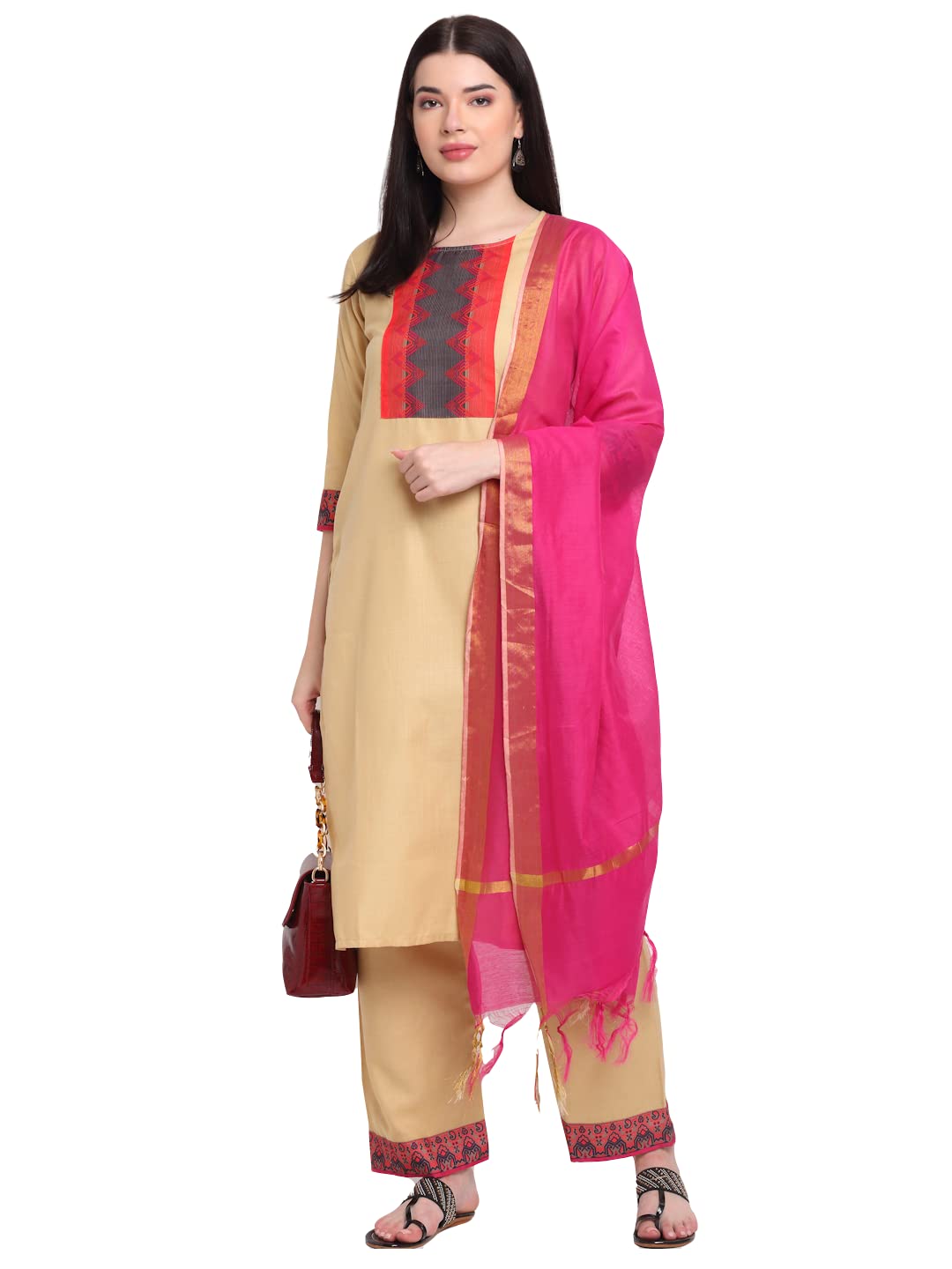 Gosriki Women'S Cotton Straight Kurta With Palazzo & Dupatta (Kpzd-Cot-10012-Beige_L-Go_Beige_Large),Beige,,B09LR1TPD5