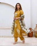 Anni Designer Women'S Rayon Viscose Printed Straight Kurta With Pant & Dupatta (Panuja Yellow_M_Yellow_Medium),Yellow,M,Rayon Viscose,Regular,