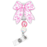 Pink Floral Coquette Badge Reel Cute Bow Ribbon Decorative Medical Work ID Name Holder with Retractable Clip Office Hospital Acc