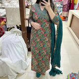 Anni Designer Women'S Cotton Blend Straight Printed Kurta With Pant & Dupatta (Shaniya Green_Xxl_Green_Xx-Large),Green,2XL,Cotton Blend,Regular,