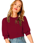 Wedani Women'S Casual Puff Sleeves Round Collor Solid Top (Medium Maroon),Maroon,M