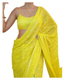 Flosive Women'S Thread Sequence Work Georgette Saree With Blouse (Lemon Yellow)