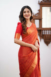 Flosive Womens Kanjivaram Silk Saree With Handloom Weaving Work With Blouse (Orange)