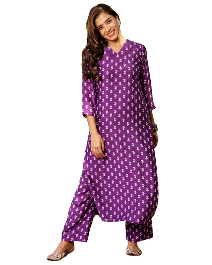 Anni Designer Women'S Cotton Blend Straight Printed Kurta With Palazzo (Tenzin Purple_M_Purple_Medium),Purple,M