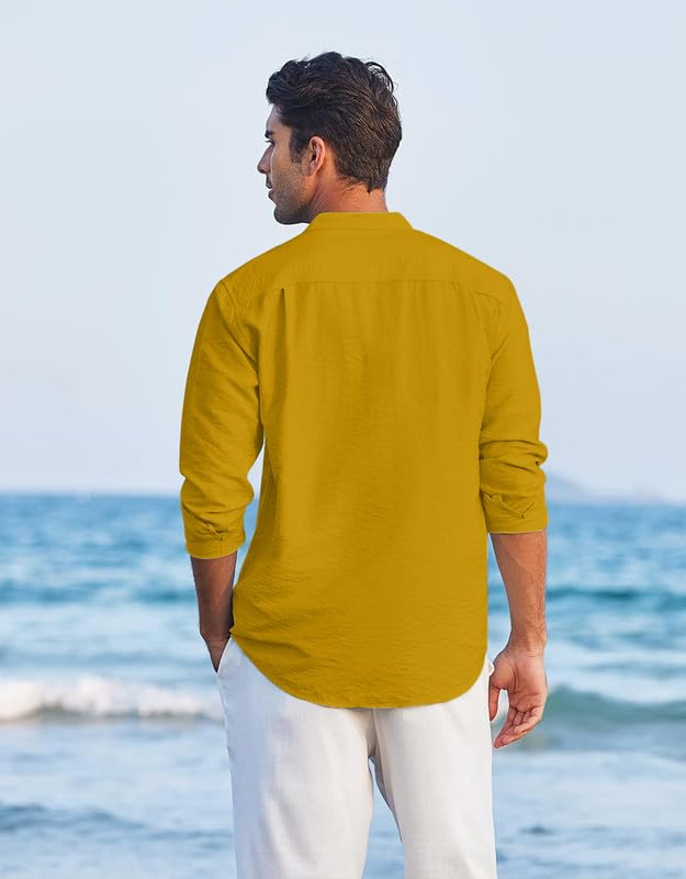 Royalscout Men'S Regular Fit Stylish Embroidered Design Cotton Blend Full Sleeve Short Straight Kurta Shirt Gold
