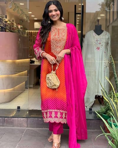 Anni Designer Women'S Rayon Blend Straight Embroidered Kurta With Pant & Dupatta (Lasivan Pink_M_Pink_Medium),Pink,M,Rayon Blend,Classic,