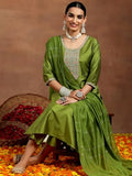 Libas Gerua Womens Yoke Design Silk Blend Straight Kurta With Trousers And Dupatta Green Xl Gs911