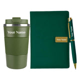 Giftana Personalized Gift Set Custom Name Pu Leather Notebook Diary (192 Pages), Pen & Travel Tumbler 510Ml Gift Set For Men A