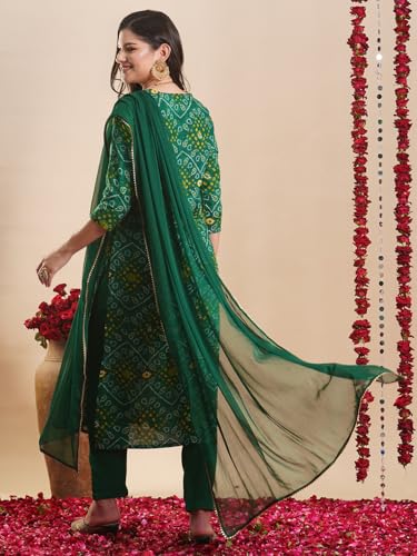 Anni Designer Women'S Rayon Blend Straight Bandhej Printed Kurta With Pant & Dupatta (Turae Green-Vks04_Xxl_Green_Xx-Large),Green,2XL,Rayon Blend,Regular,