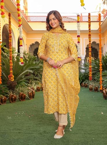 Alvami Viscose Women Printed Straight Kurta Pant With Dupatta Set, Yellow